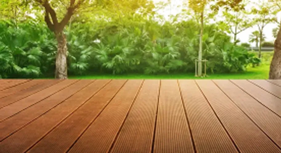 A wooden deck in the foreground with a green lawn and dense foliage, including trees and tropical plants, in the background. The scene is outdoors on a sunny day.